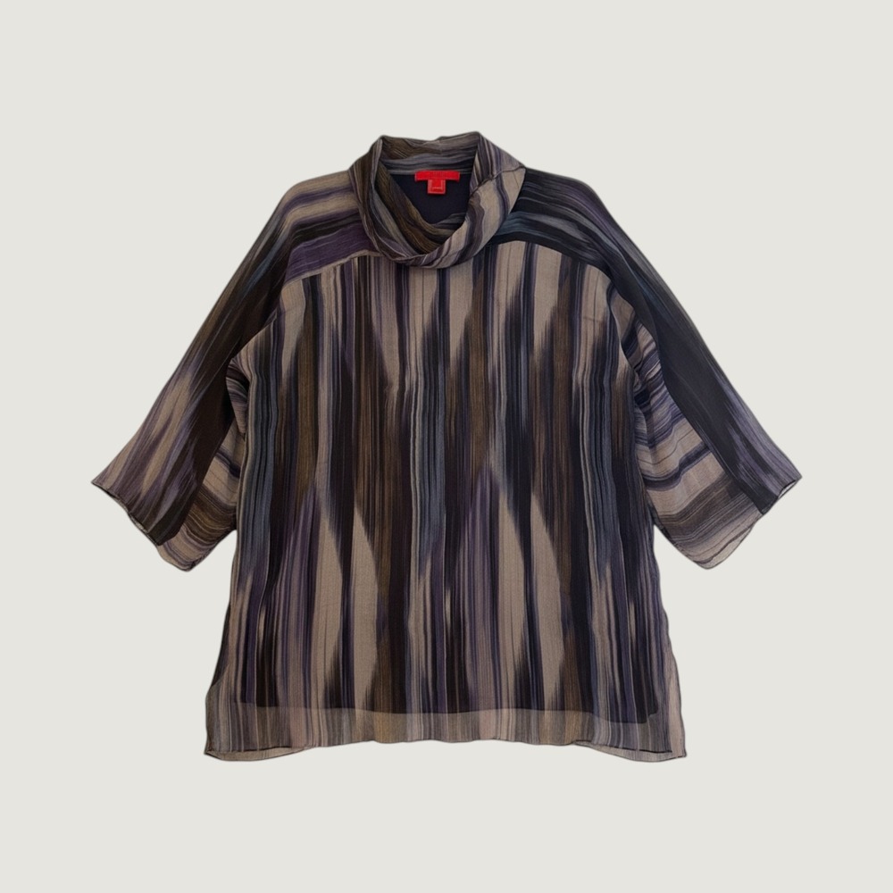 Shamask Silk Cowl Neck Blouse 2 Abstract Ikat Sheer Overlay Dolman Top Purple